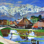 奥田郁太郎 「山麓の田植え（白馬村五竜岳）」